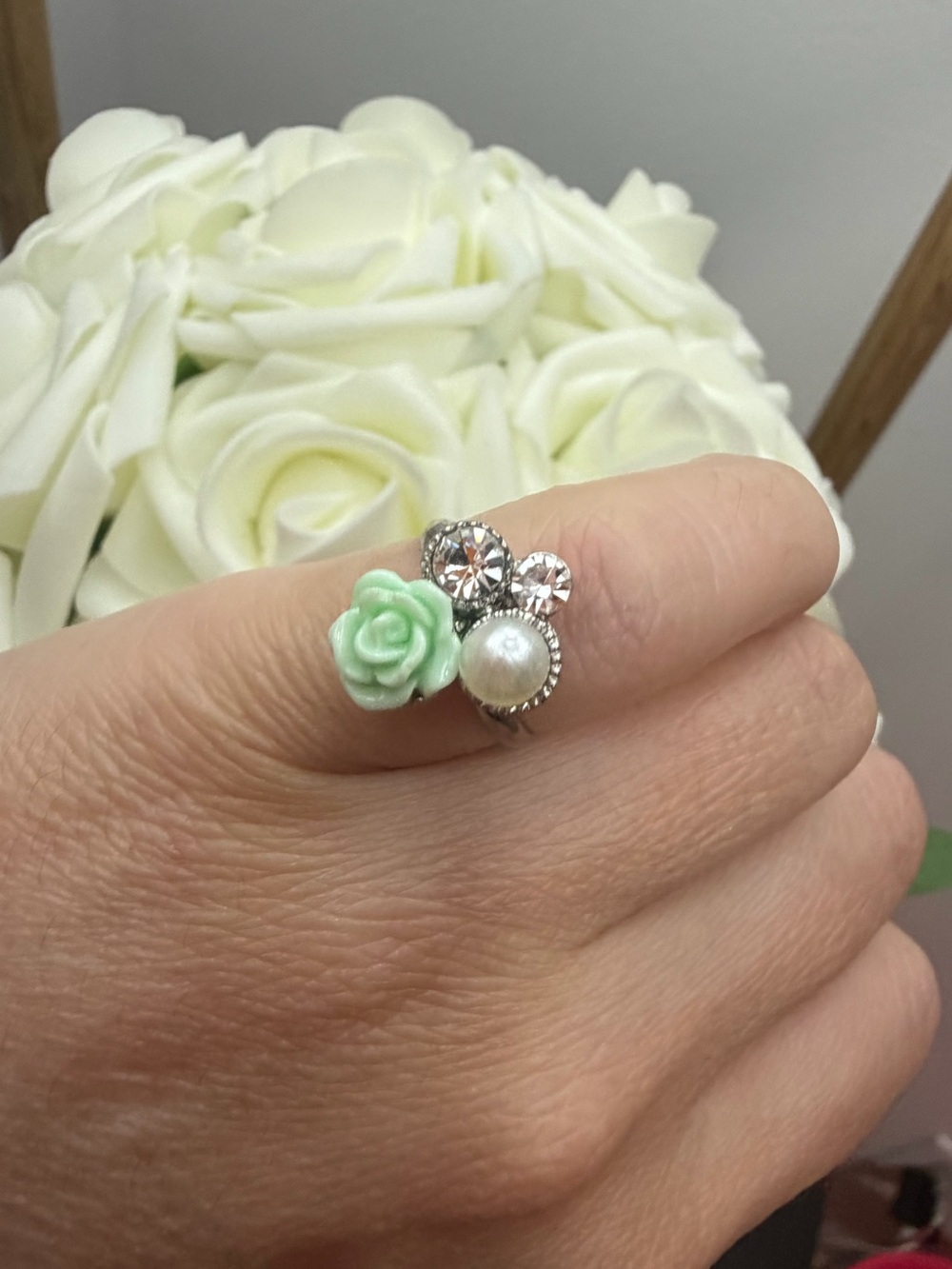Silver tone Ring with Mint Green Rose and Pearl Accent